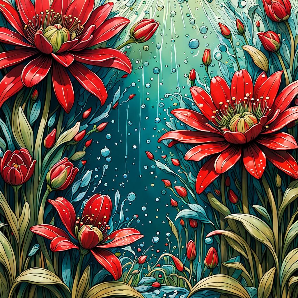 Surreal Bedroom Scene with Red Flowers in Splash Art