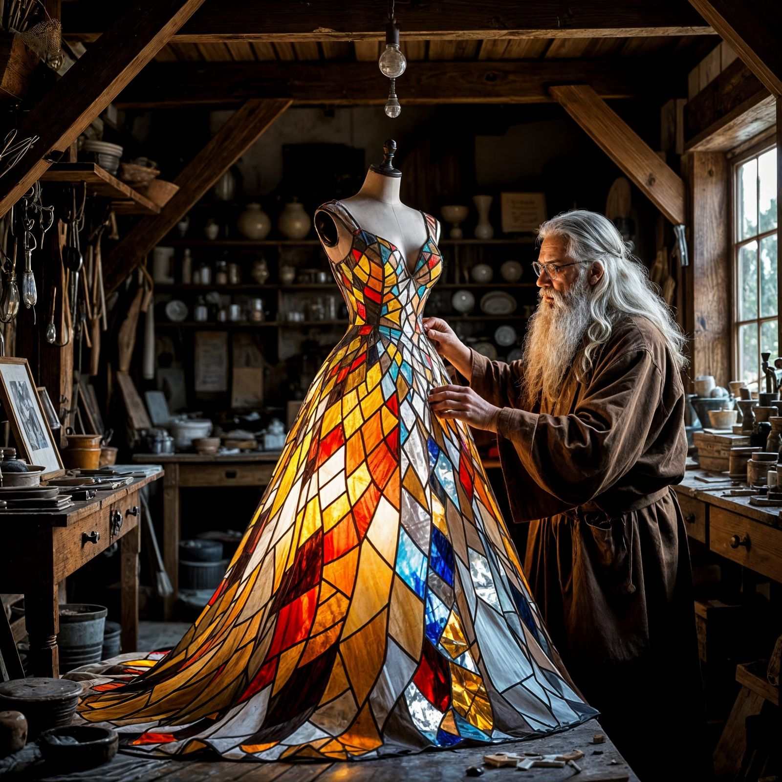 Artisan Crafts Stained Glass Gown in Rustic Workshop