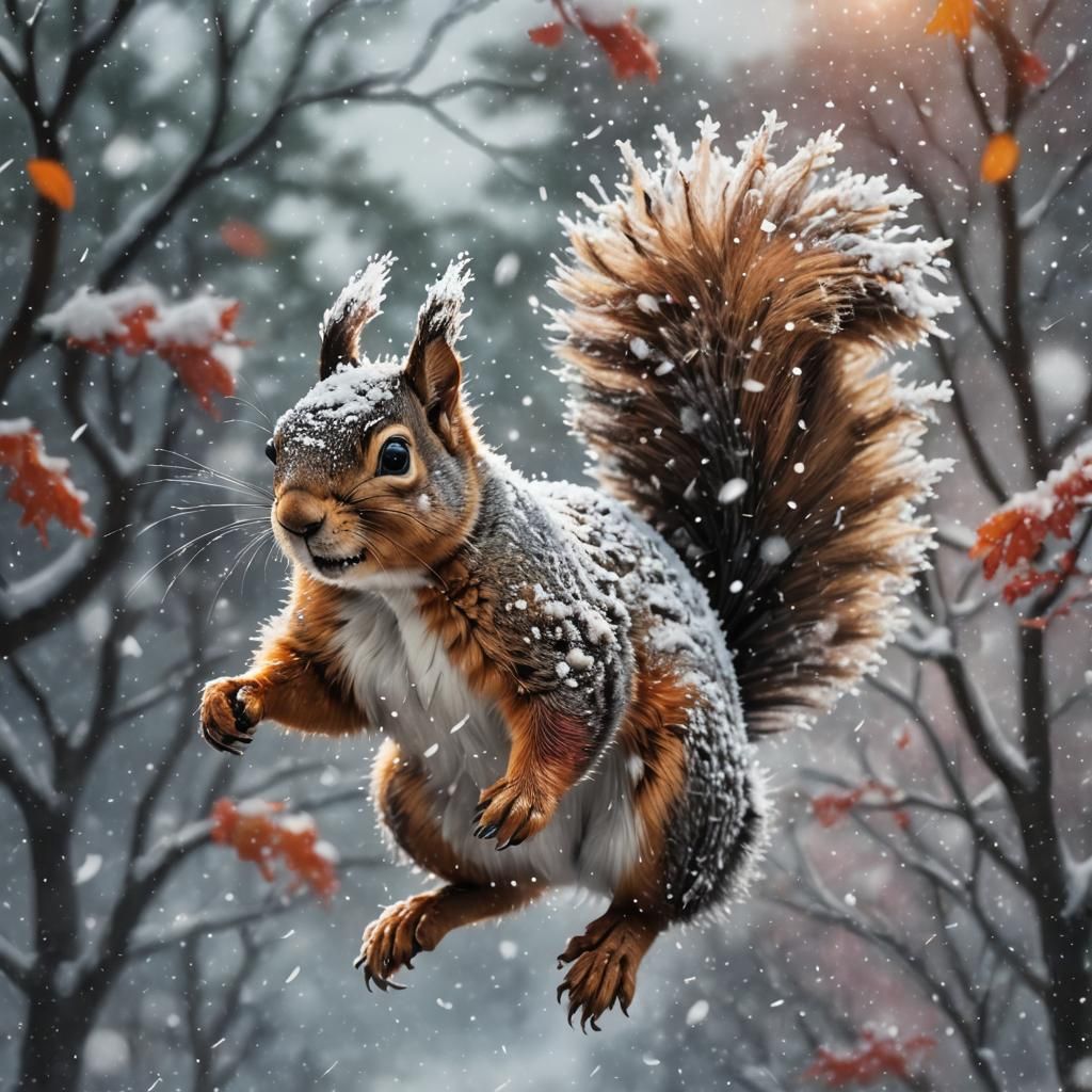 Snowflake Squirrel Leaps in Summer Snowfall