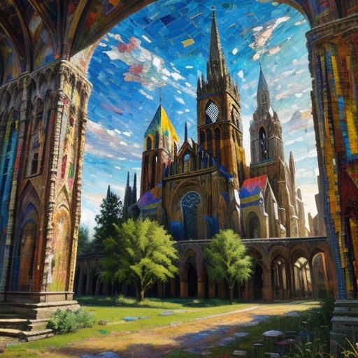 Majestic Cathedral in Expressionist Mosaic Landscape