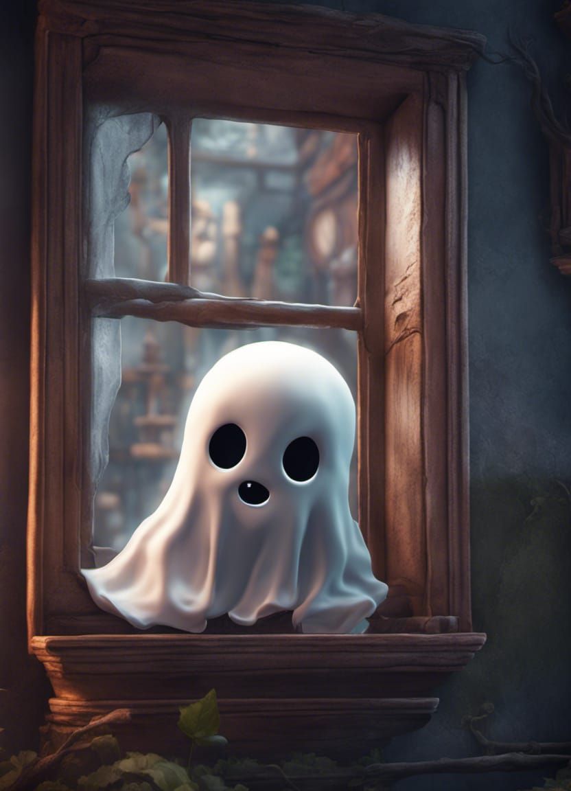 Cute Baby Ghost Peeking: Detailed Fantasy Art