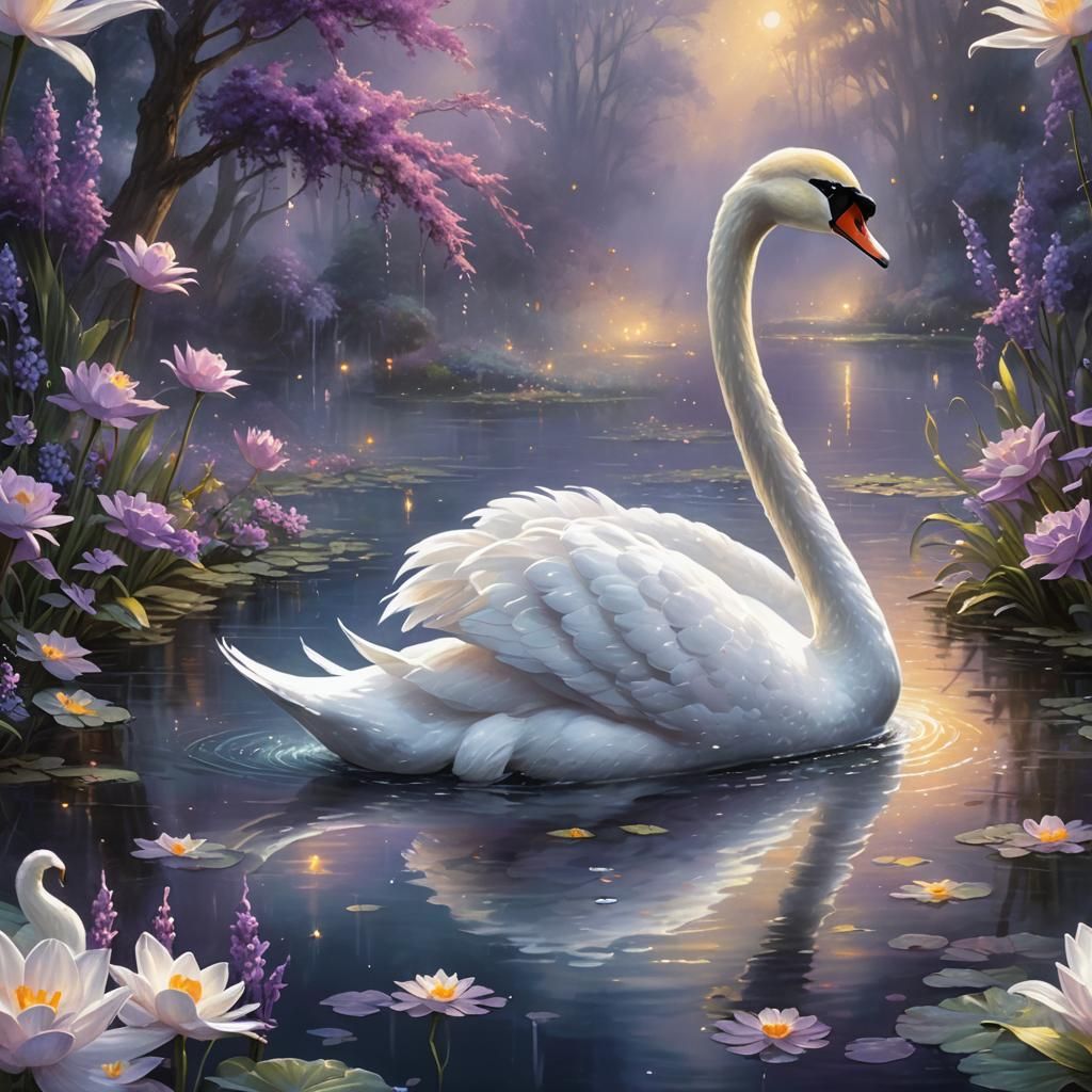 Luminescent Swan in Ethereal Pond, Hyperdetailed Fantasy