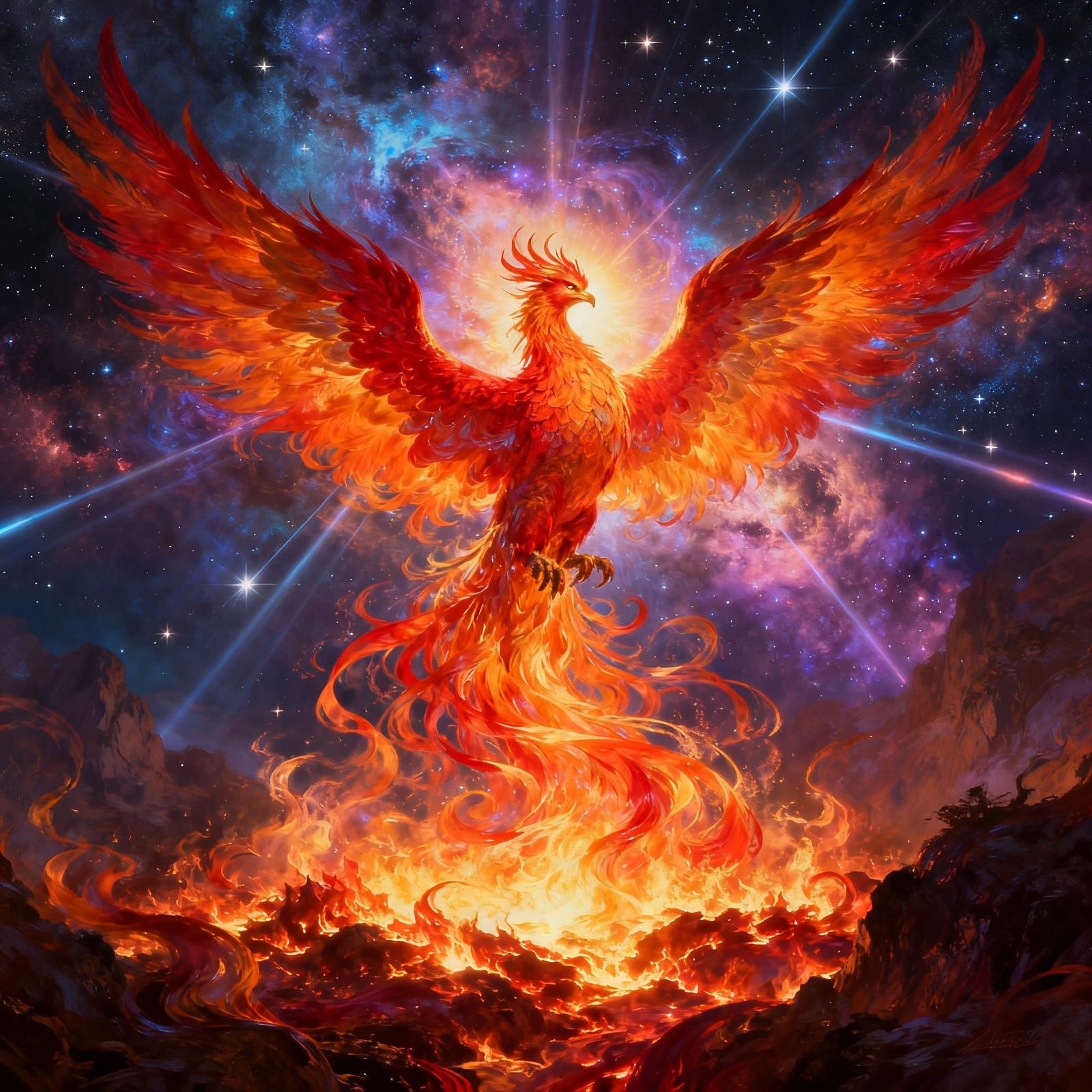 Majestic Phoenix Rises from Embers in Cosmic Nebula