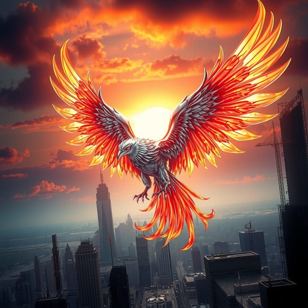 Surreal Phoenix Rises Above Dystopian City in Cyberpunk Styl...