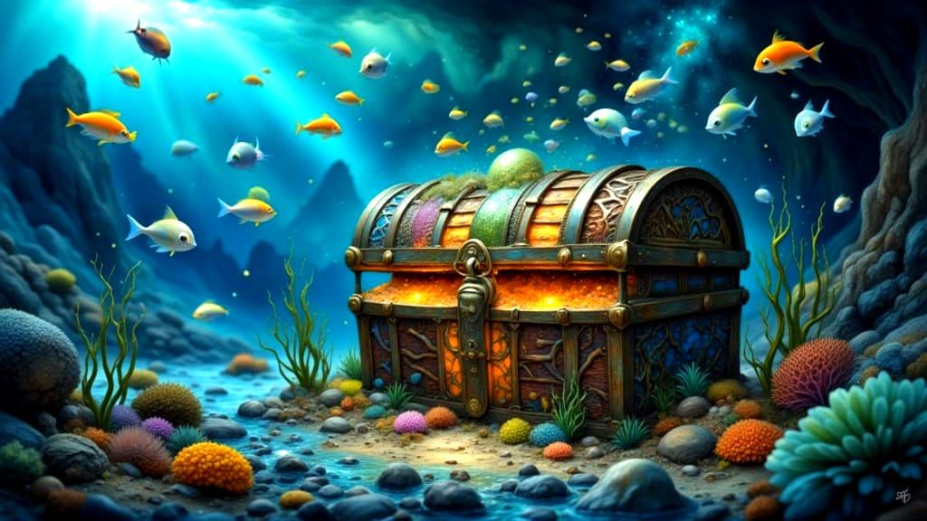 Bioluminescent Treasure Chest on Ocean Floor