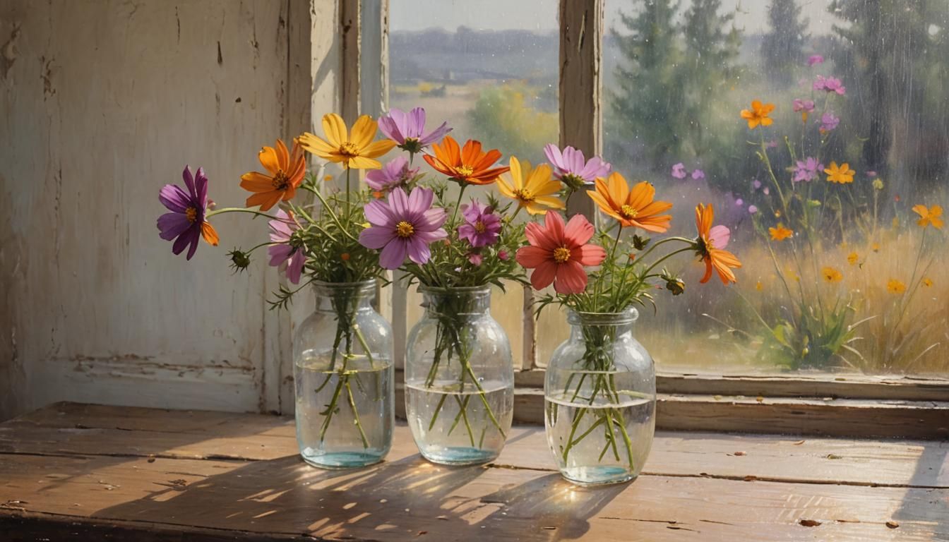 Cosmos Flowers in Vase as Impressionist Oil Painting