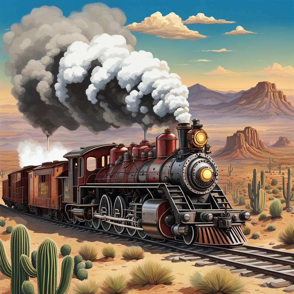 Steampunk Steam Engine Train in Desert Landscape