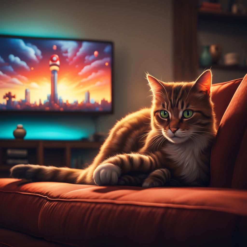 Hyperrealistic Cat Playing Mario Bros on TV
