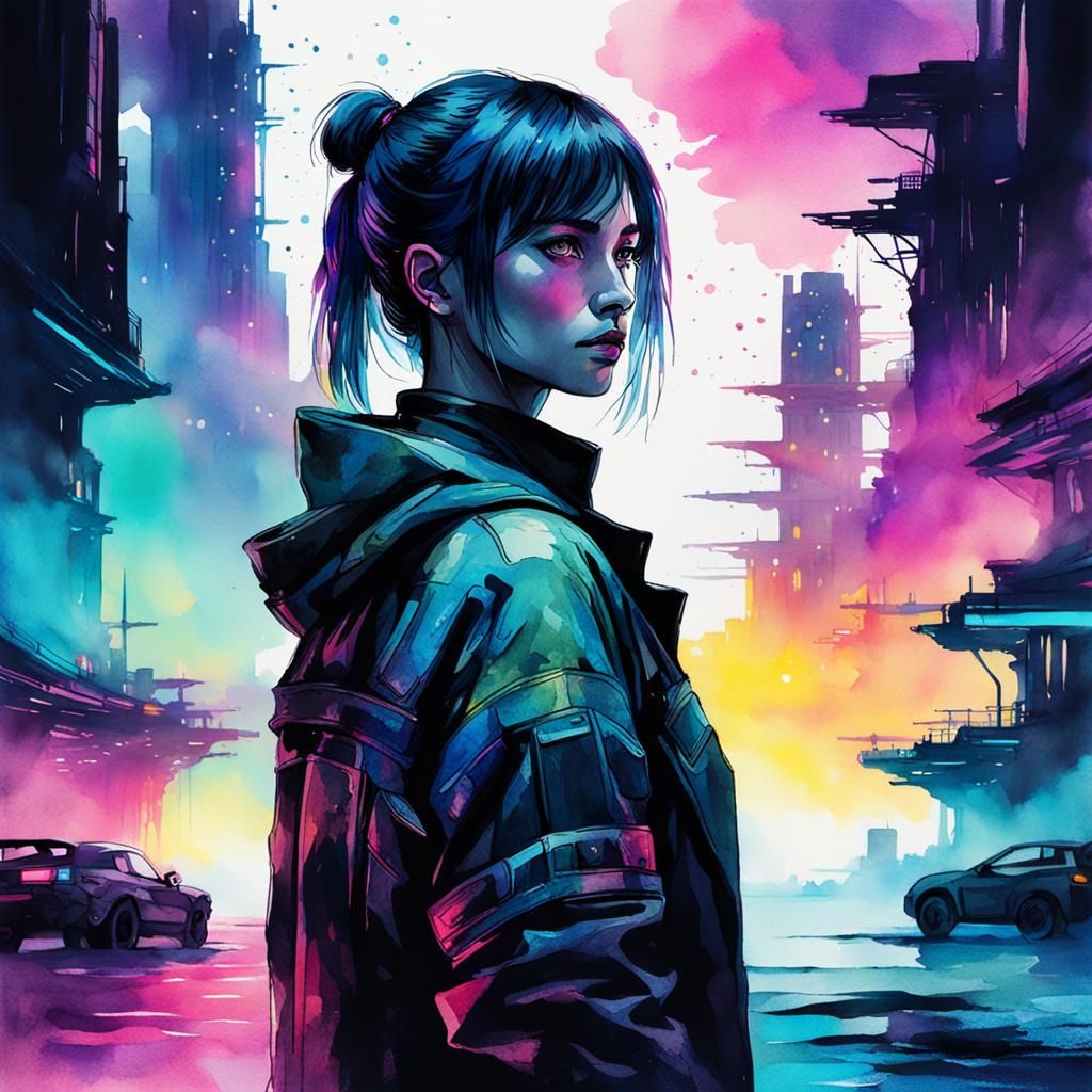 Cyberpunk Woman in Neon Watercolor Cityscape