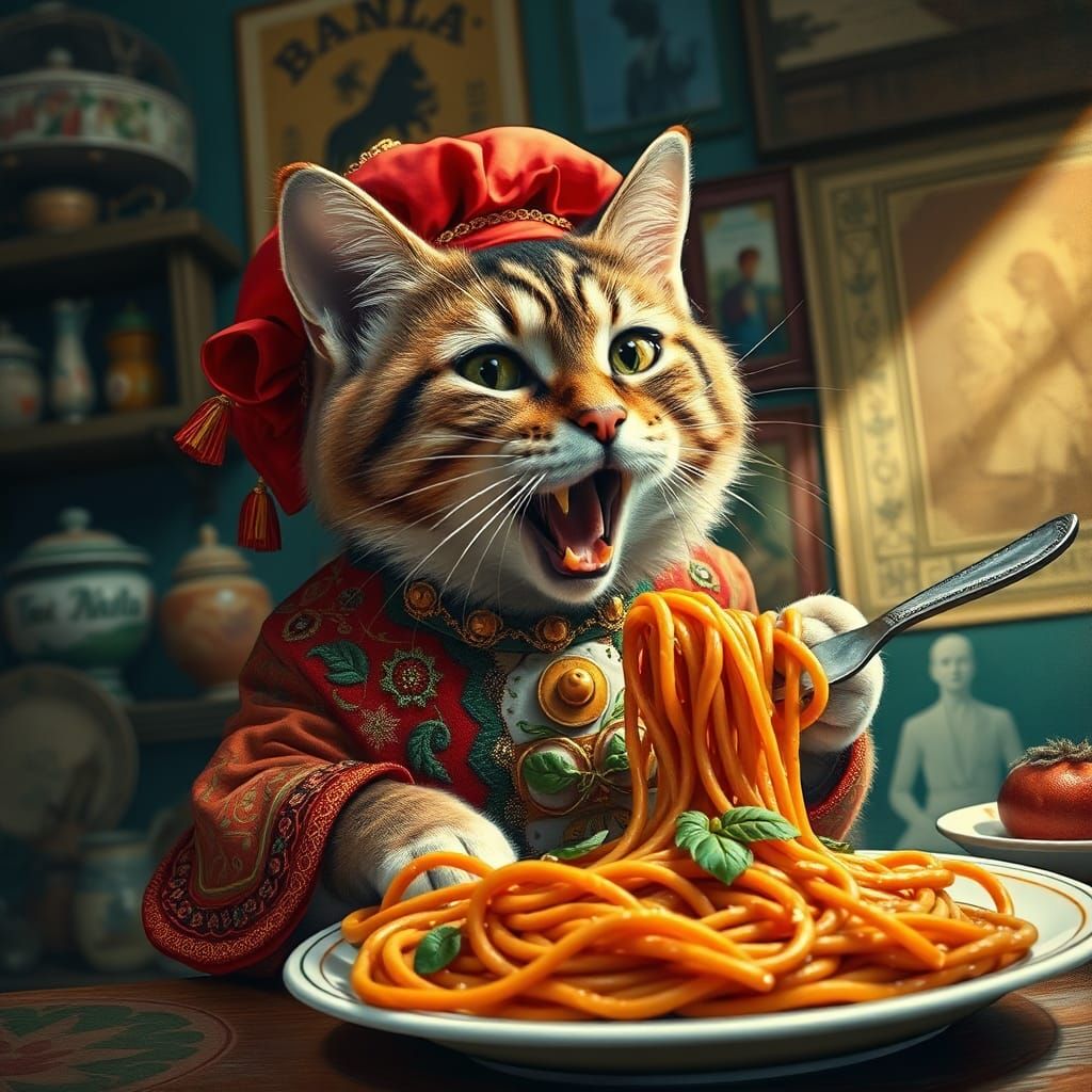 Italian Cat Devouring Spaghetti, Hyperrealistic Digital Pain...
