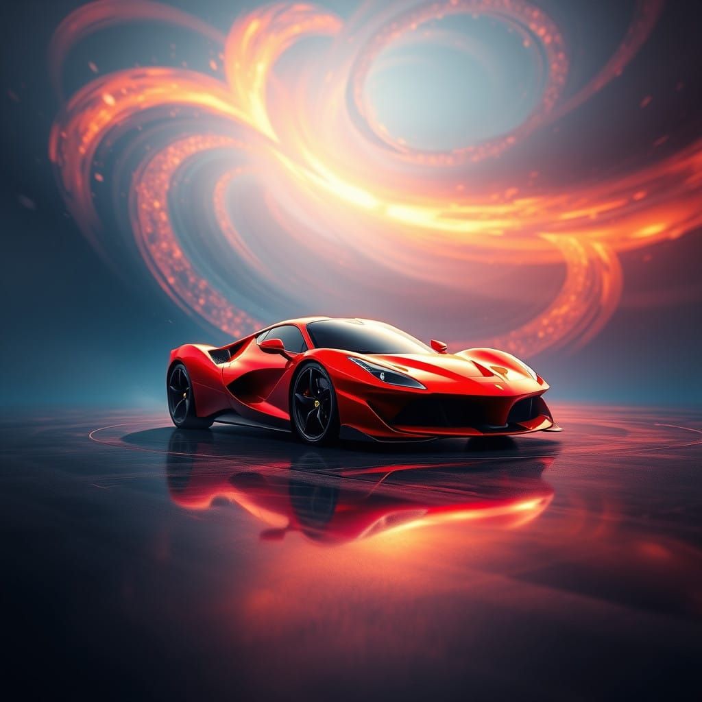 Sleek Red Ferrari F8 in Golden Light Amidst Swirling Vortex