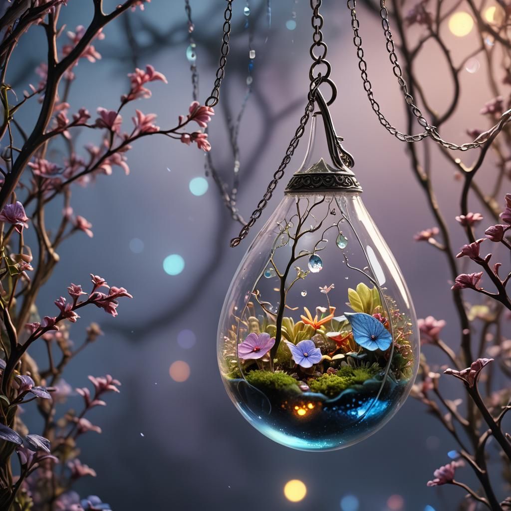 Teardrop Terrarium: Bioluminescent Garden in Digital Art