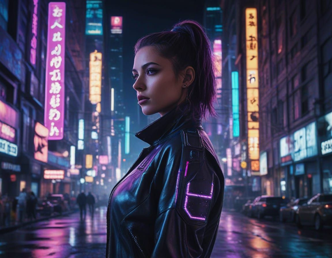 Cyberpunk Goddess Emerges in Neon Cityscape