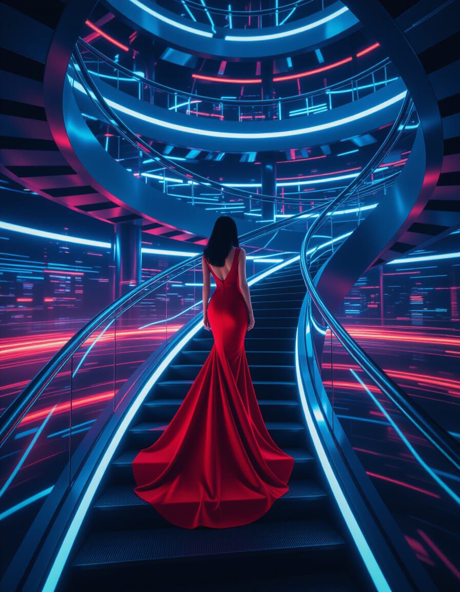 Woman Descending a Cyberpunk Ferrari Staircase