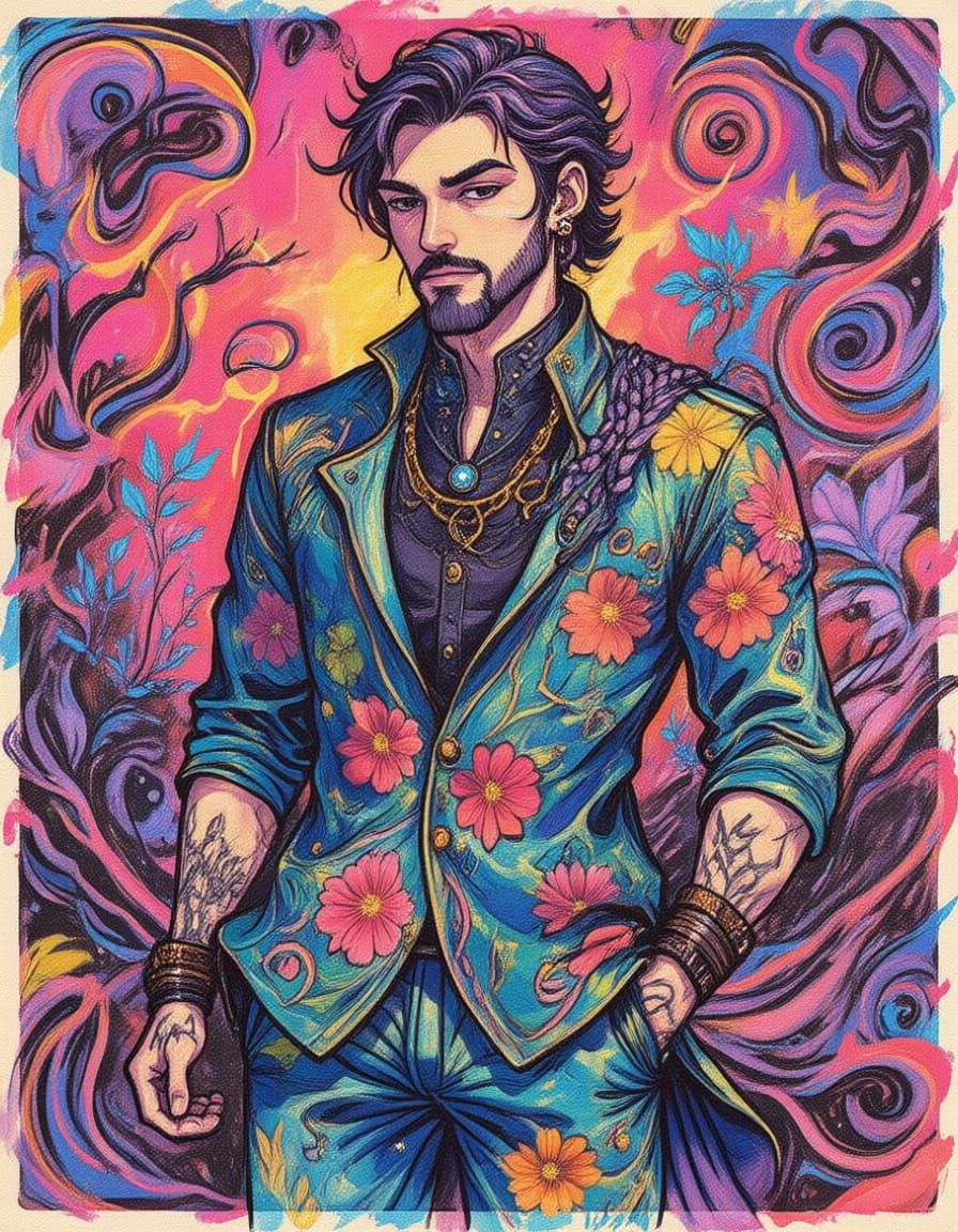 Psychedelic Fashion Poster: Watercolor, Ink, and Line Art