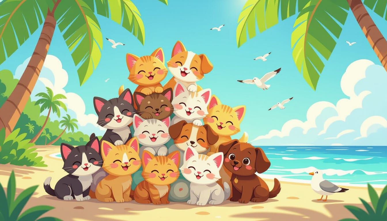 Cute Kittens and Puppies Laughing on Sunny Beach