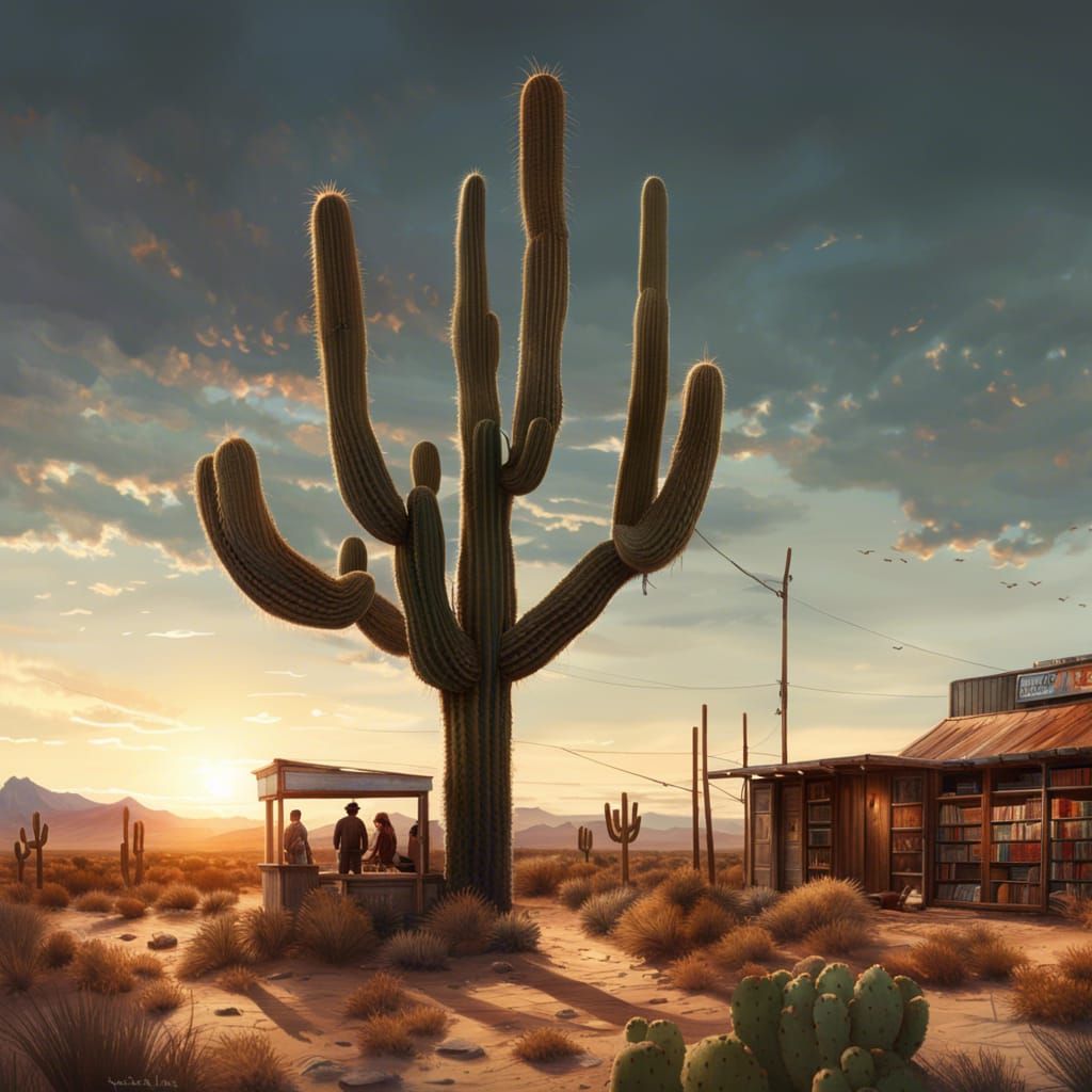 Desert Bookstore Sunset in Hyperdetailed Style