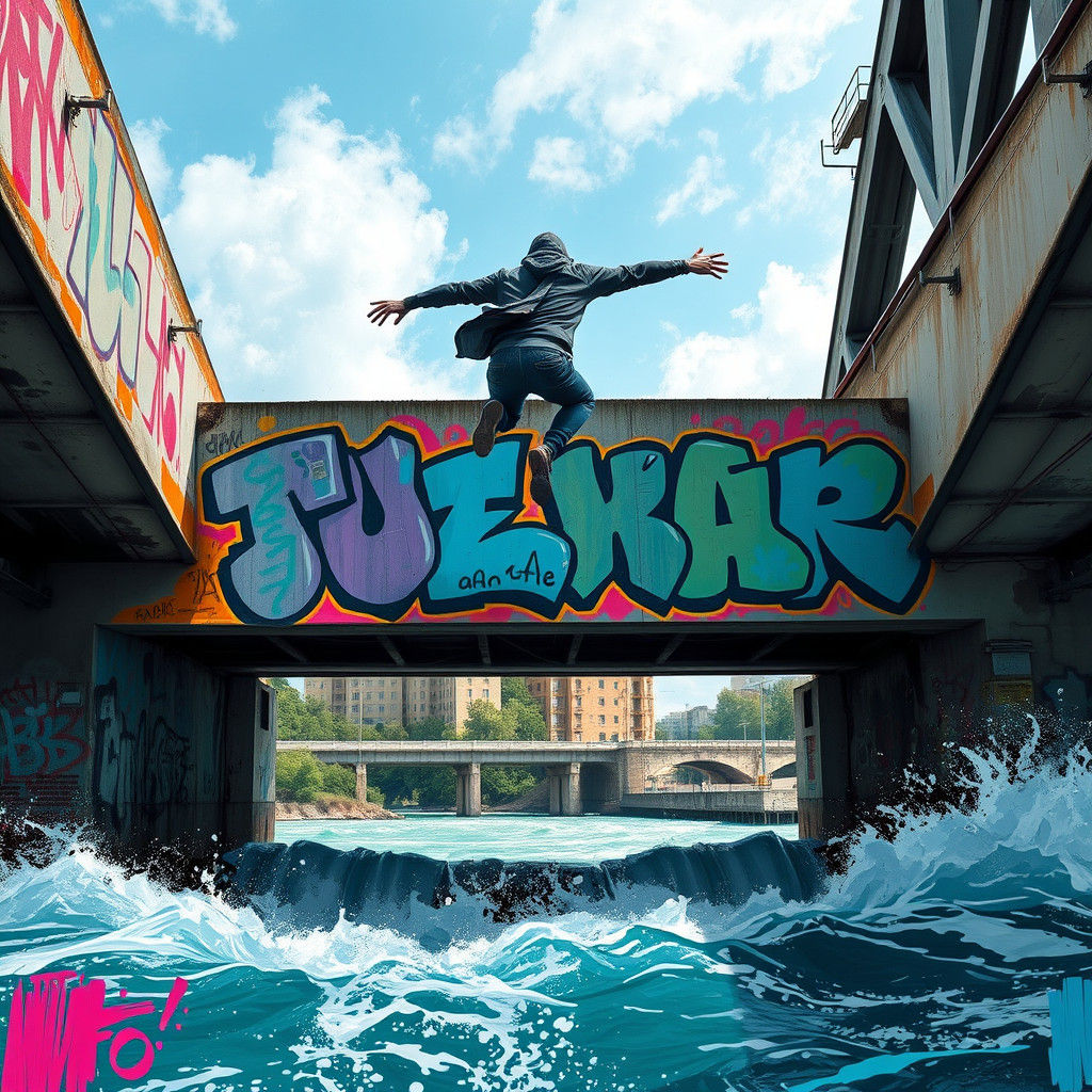 Person Leaping from Graffiti Bridge in Dynamic Art Style