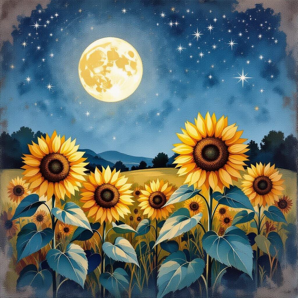 Sunflowers in Moonlight: Modern Ink Painting