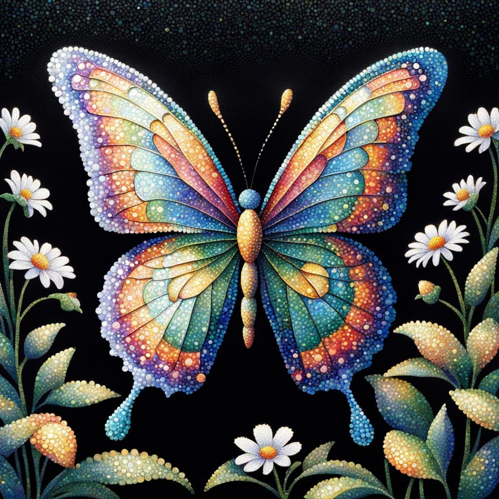 Iridescent Butterfly in Pointillist Style
