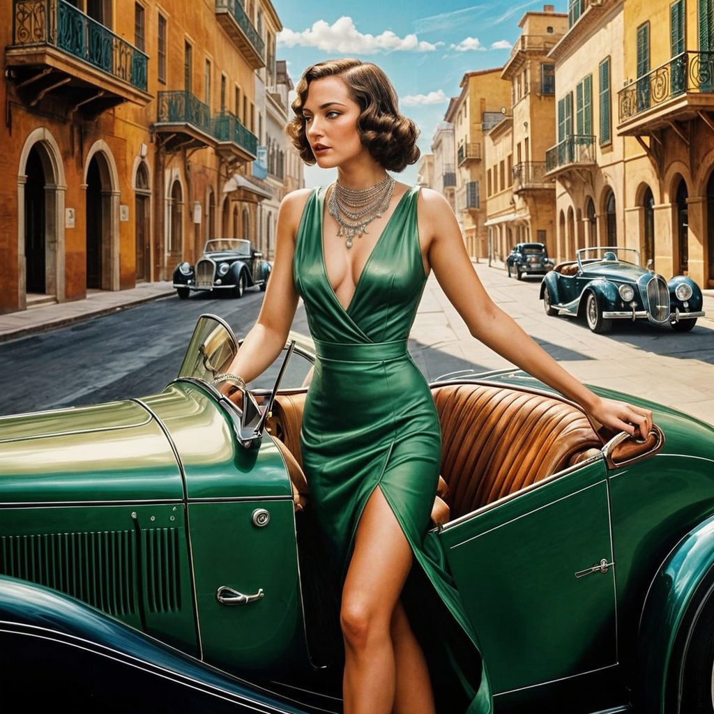 Elegant Woman Cruises 1930s Roadster Along Mediterranean Coa...
