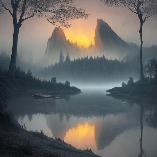 Serene Lakeside Scene with Mystical Atmosphere