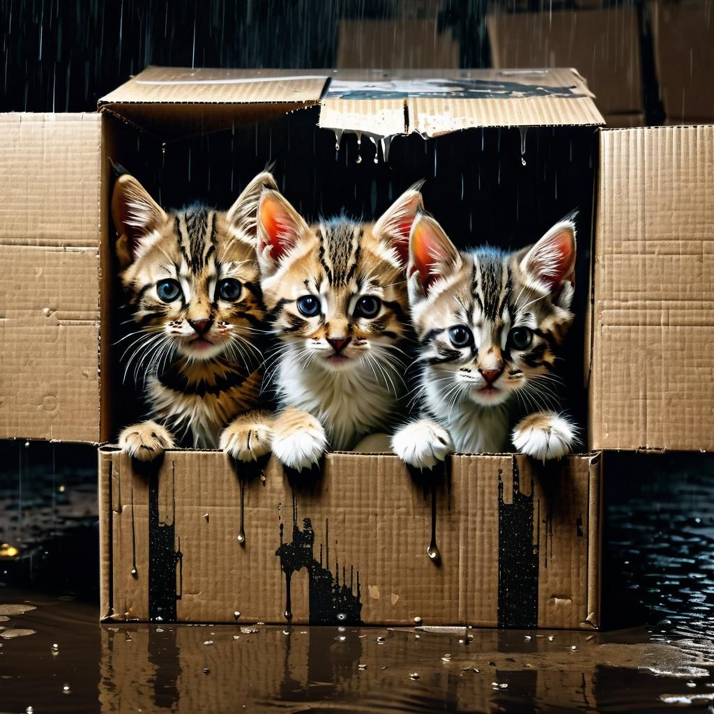 Tabby Kittens in Rain: Matte Painting