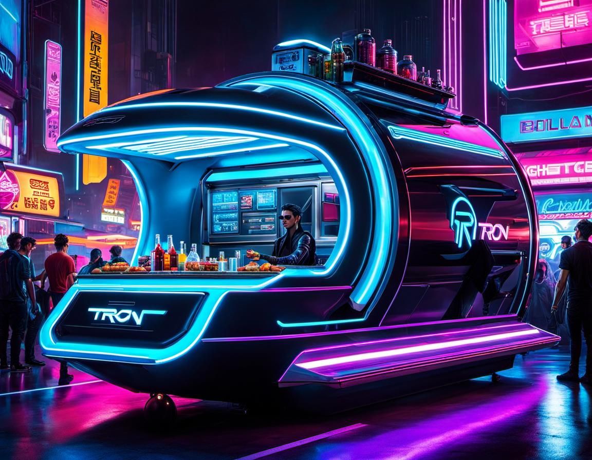 Cyberpunk Tron Lightcycle Food Truck in Neo-Tokyo