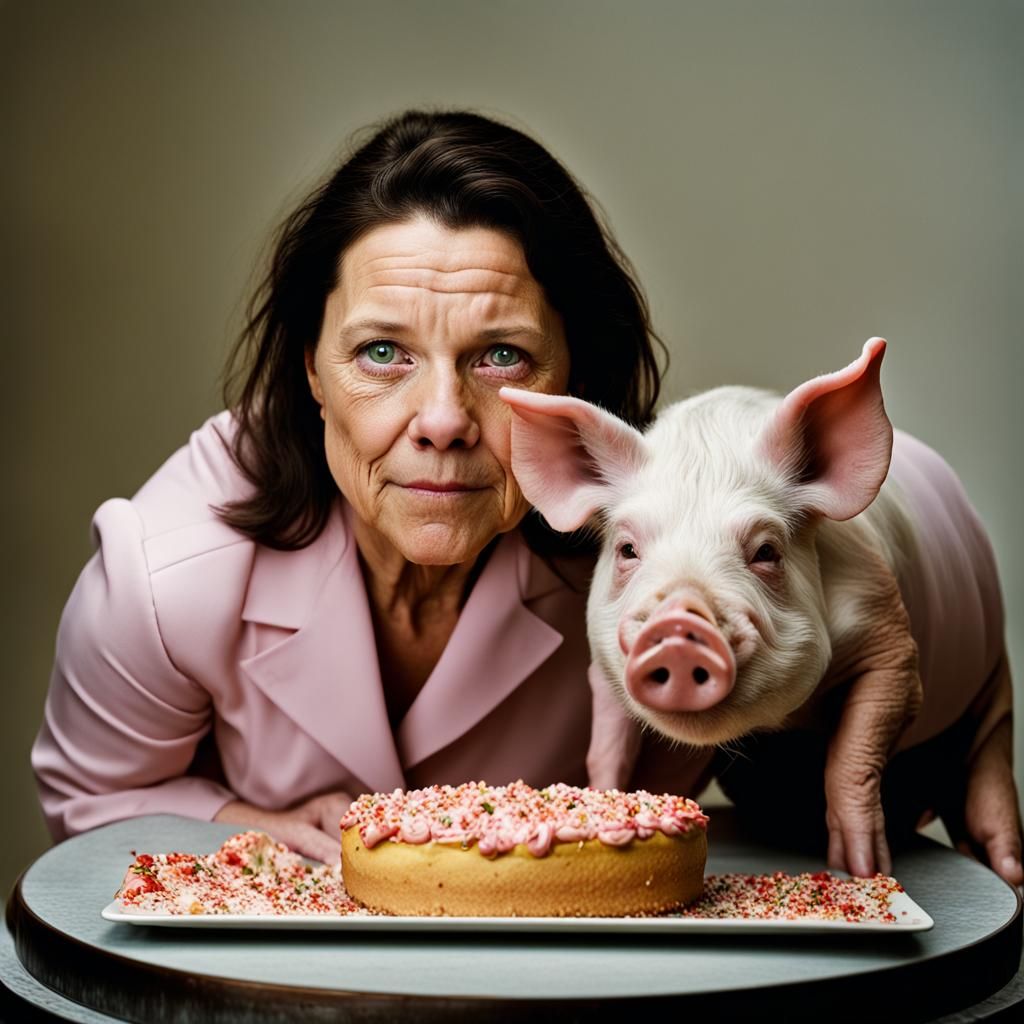 Pig Woman Hybrid Eats Cake: Professional Portrait