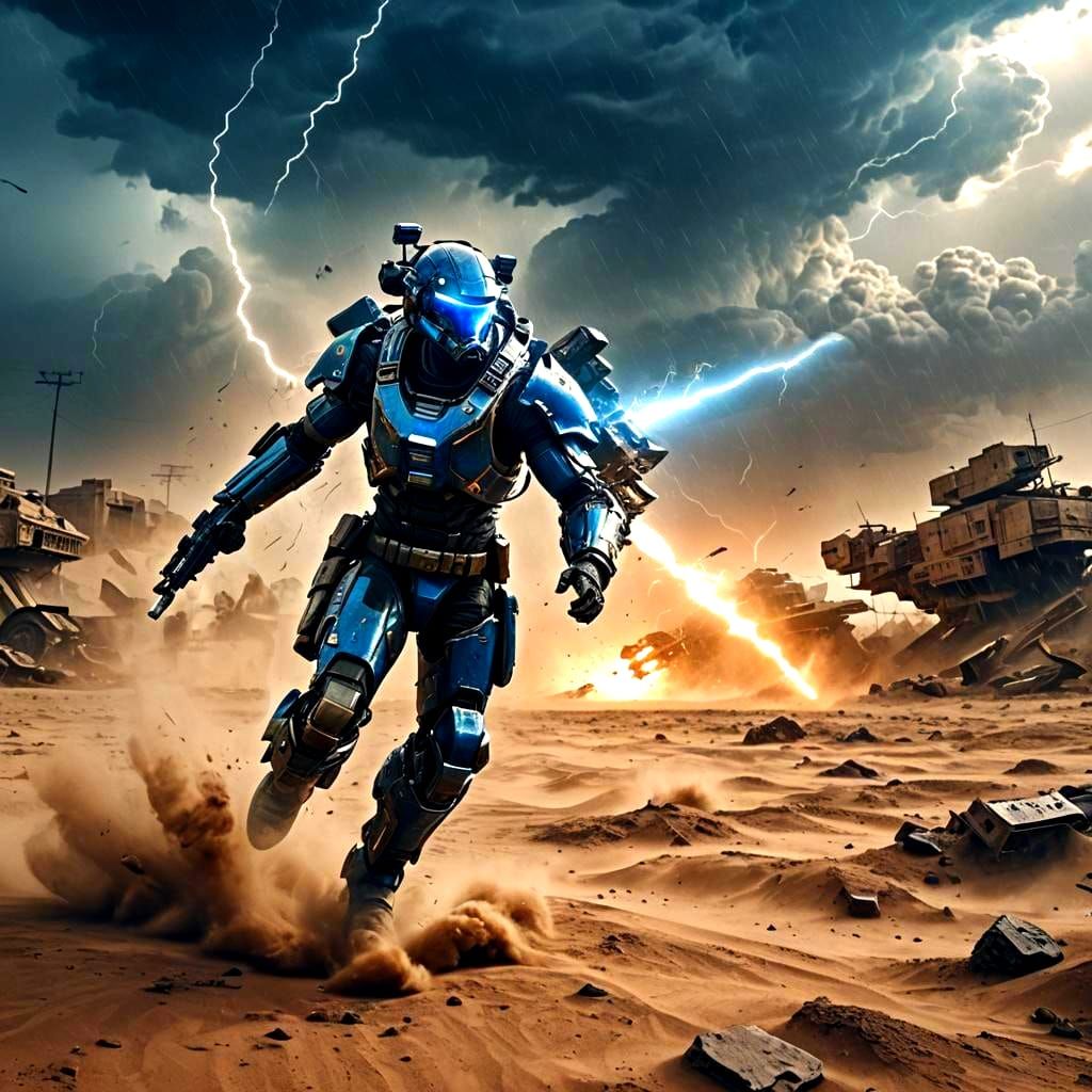 Futuristic Soldier Running Through Battlefield Sandstorm