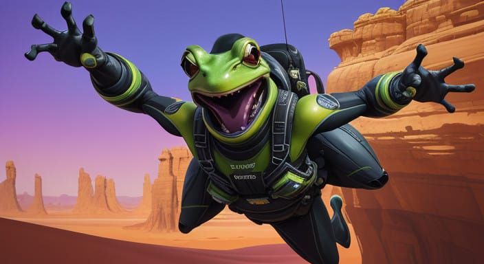 Surreal Frog Man Skydiver in a Cyberpunk Desert Landscape