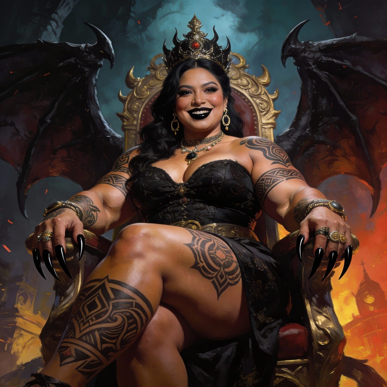 Curvy Filipina Queen on Throne, Tribal Tattoos, Detailed Mat...