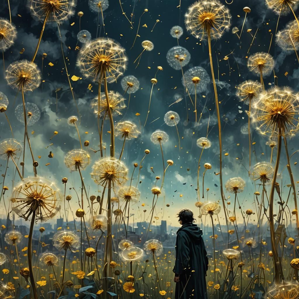 Golden Dandelion Sculpture Descending From Dreamy Sky