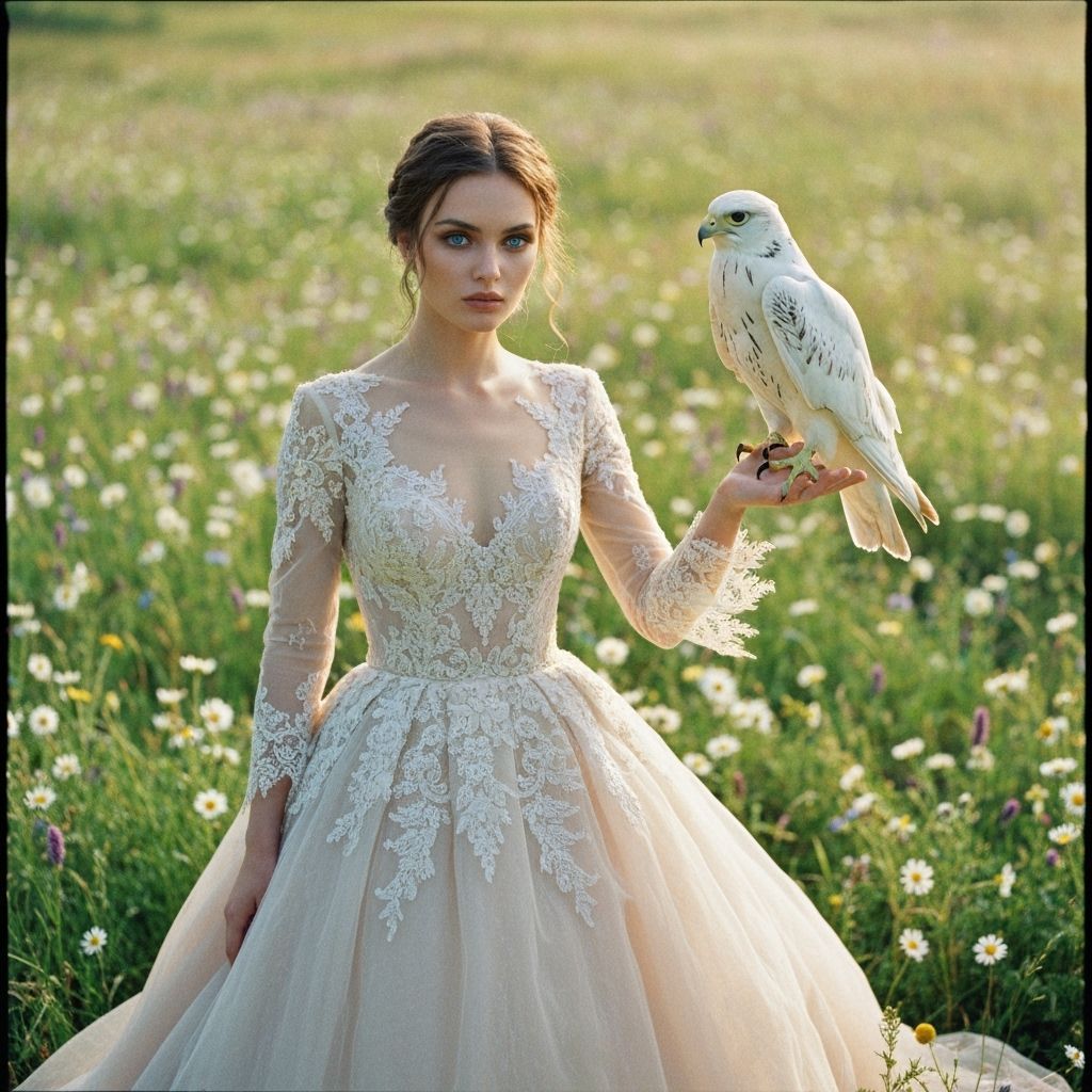 Renaissance-Inspired Woman with Falcon in Meadow