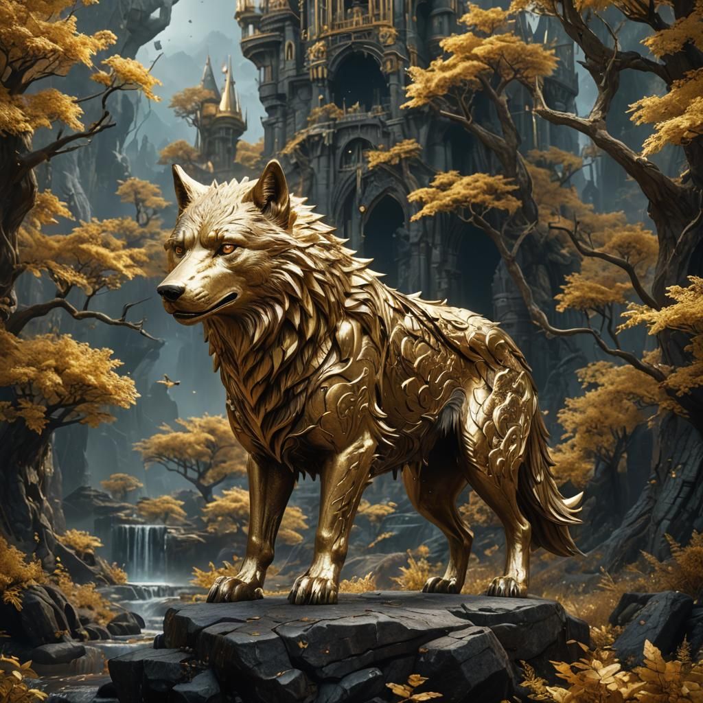 Golden Wolf in Detailed Matte Painting Style