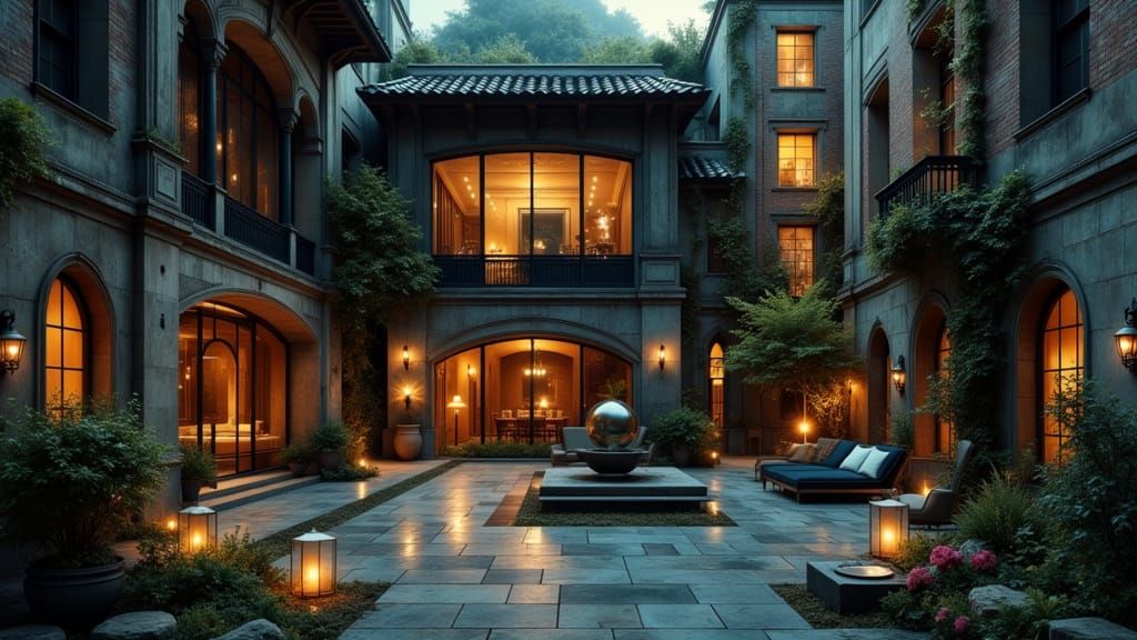 Modern Biophilic Courtyard in Impasto Gouache Style