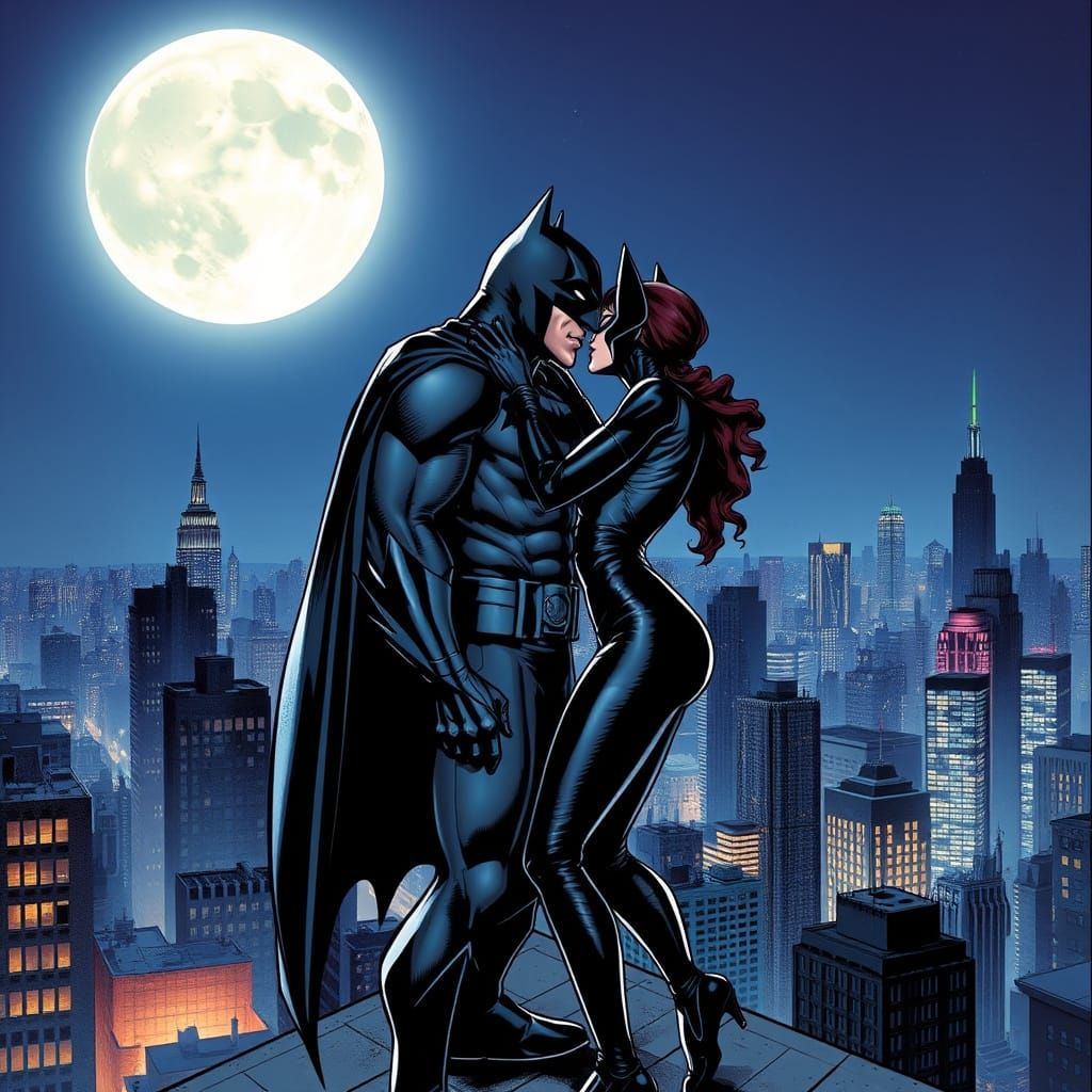 Batman and Catwoman Share a Moonlit Kiss on a Gotham Rooftop...