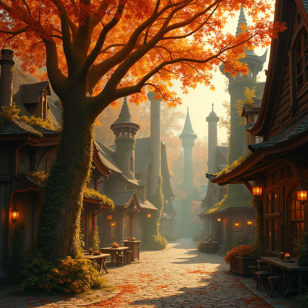 Autumn Trees in Mystical Steampunk Town