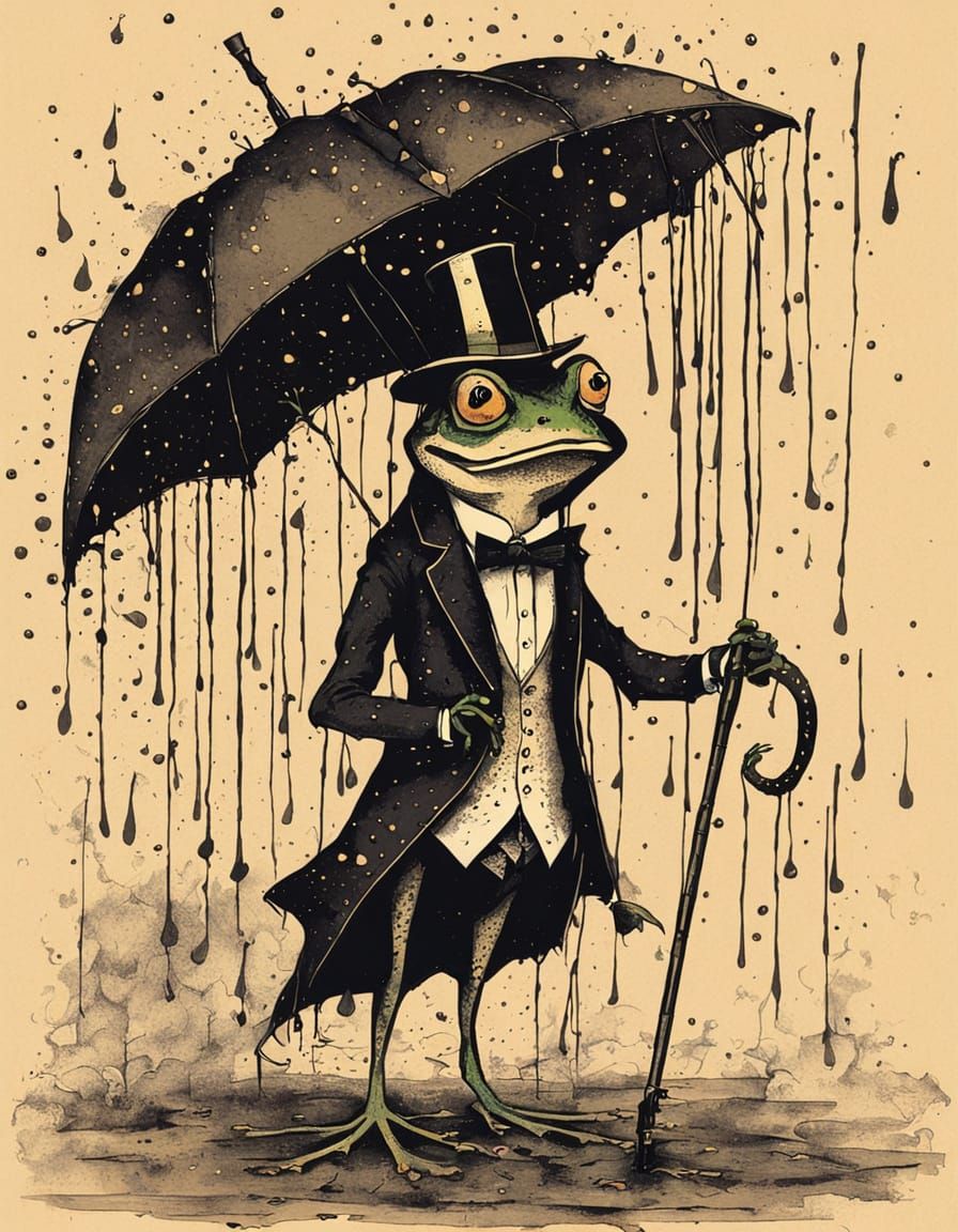 Cartoon Frog in Victorian Coat, Ink Fairytale Illustration