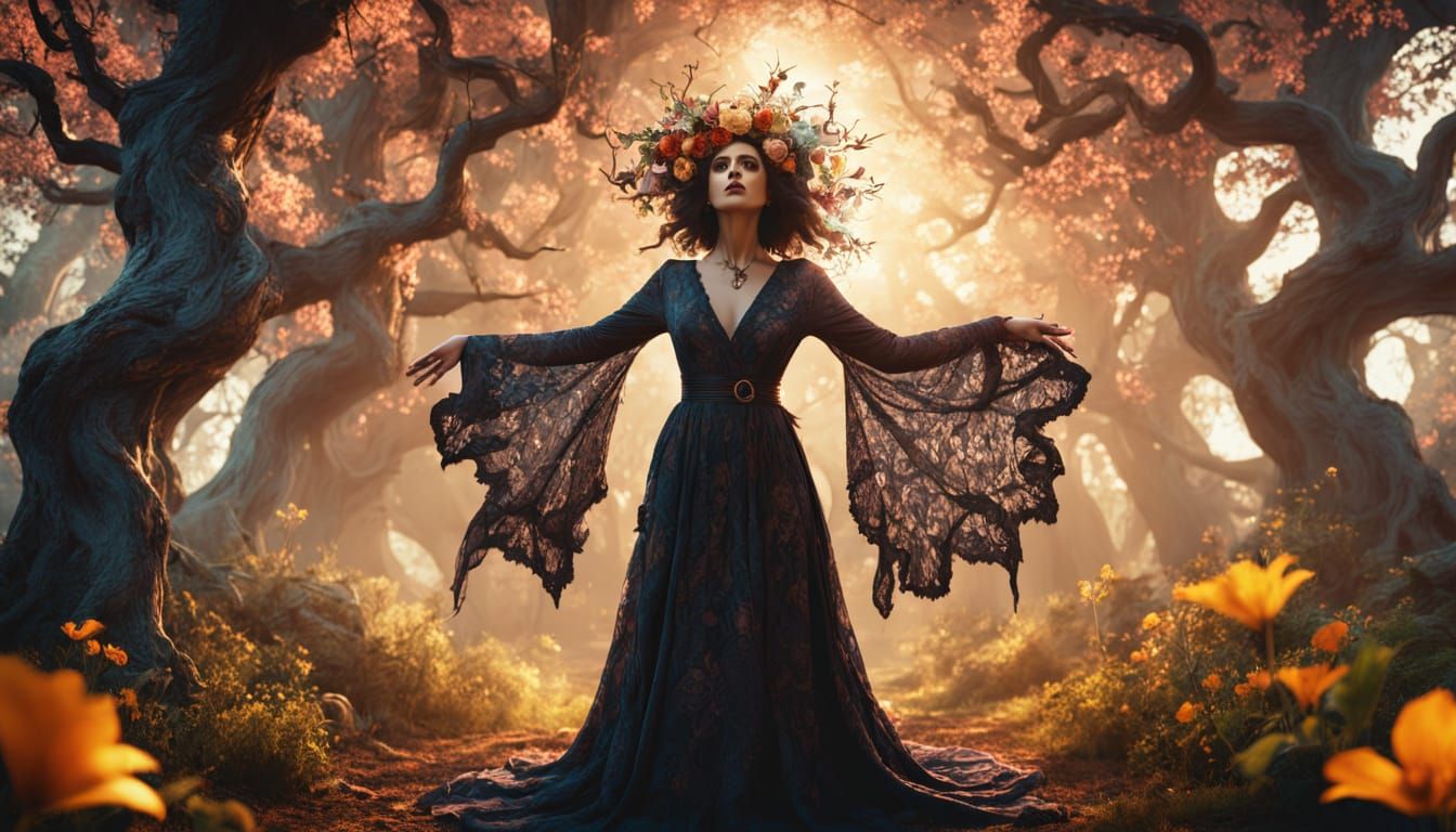 Ethereal Blossom Witch Amidst Petal Vortex in Cinematic Digi...