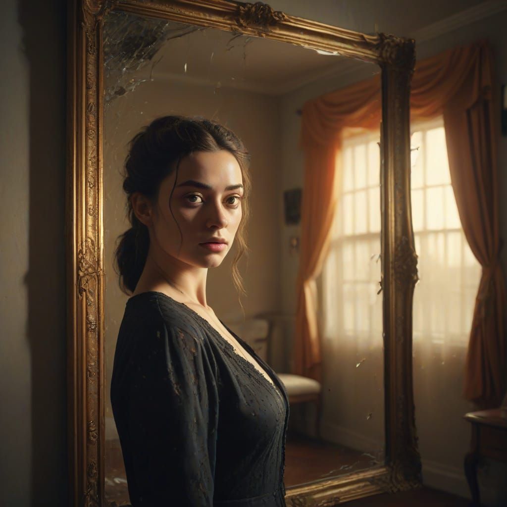 Surreal Portrait of Woman with Shattered Mirror Reflections