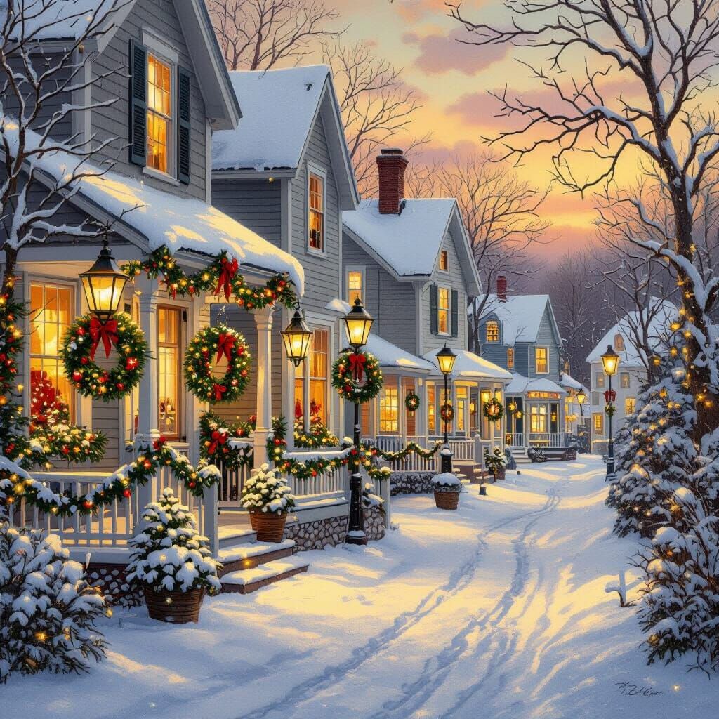 Snowy Maine Town in Folk Art Style