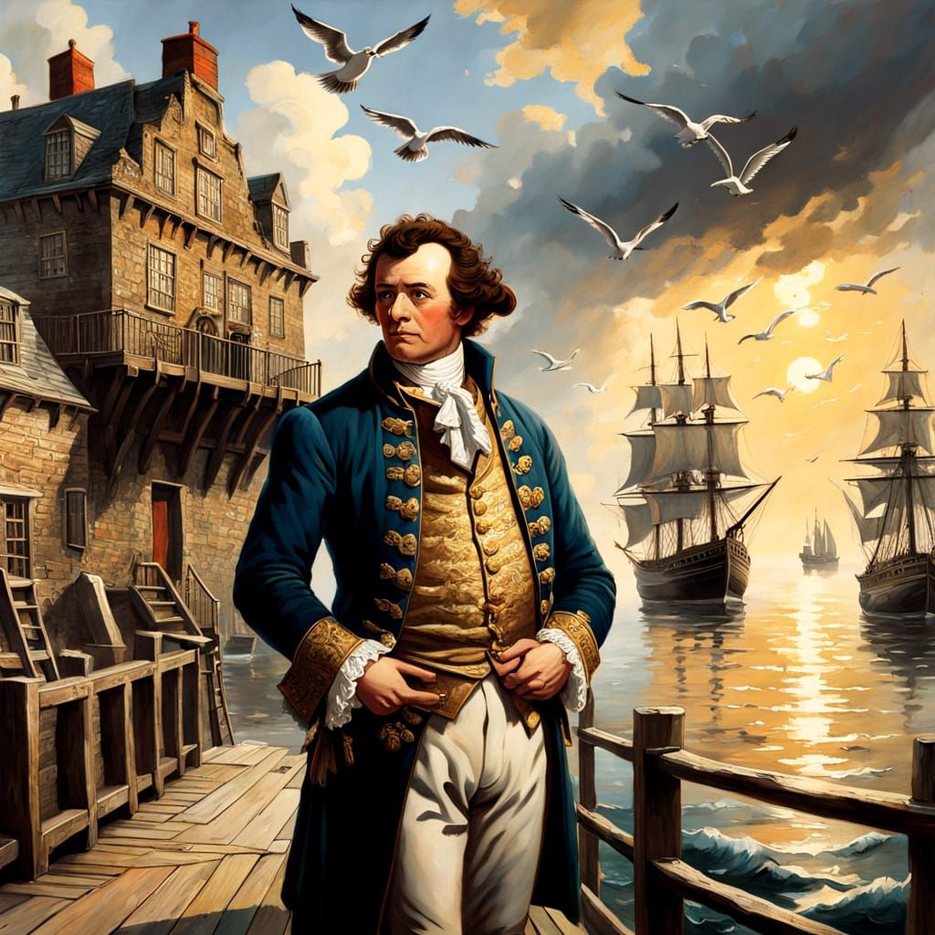 Elegant Nobleman Contemplates Harbour Scene in Oil