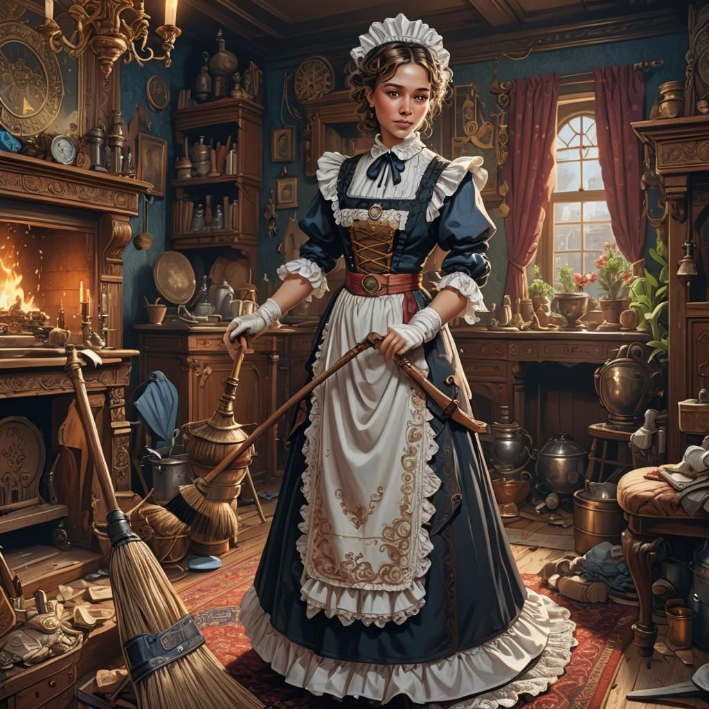 Victorian Maid Cleans Steampunk Living Room
