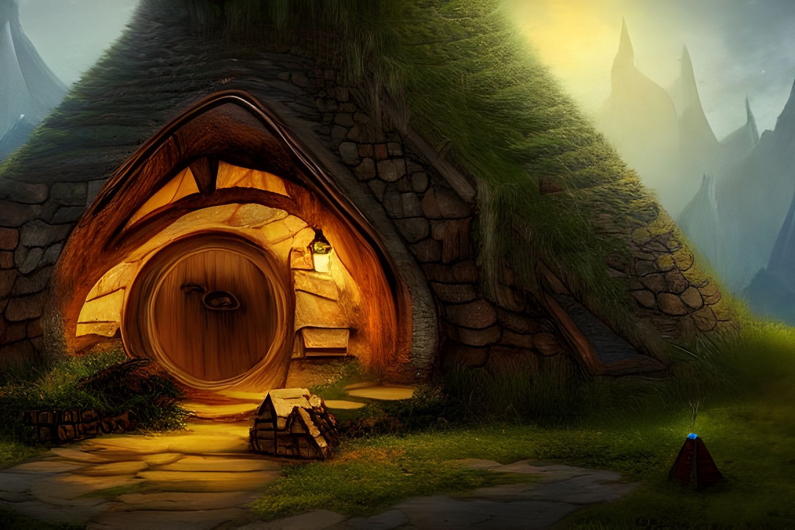 Hobbit Village Pyramid in Steampunk Matte Painting Style