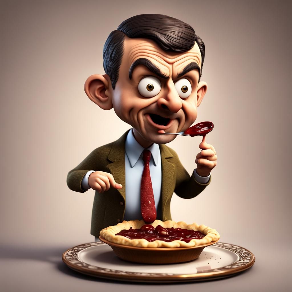 Mr. Bean Bobblehead Eating Pie: Detailed Matte Painting