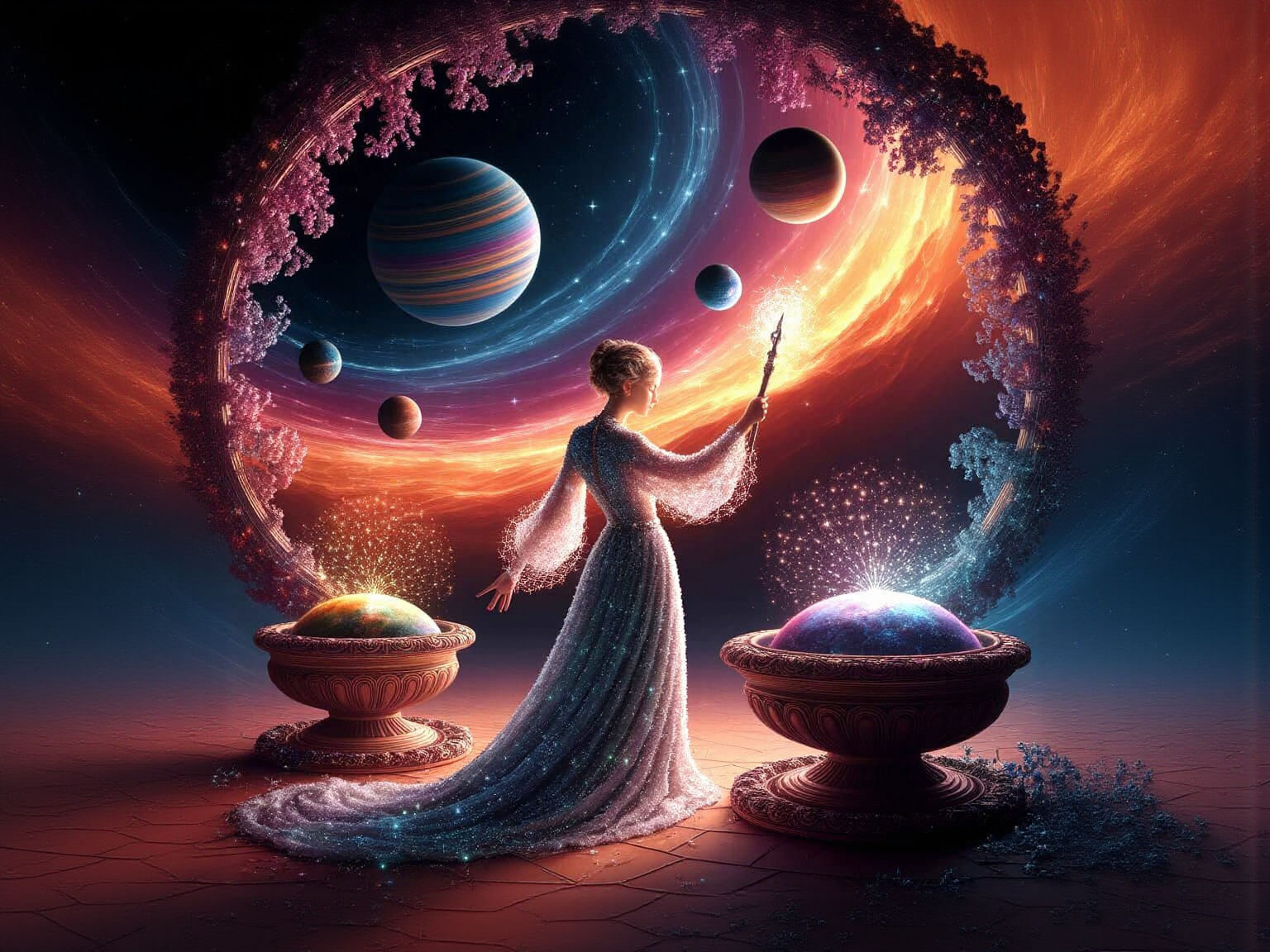 Cosmic Gardener Tends Nebula Garden with Planet Pots and Sta...