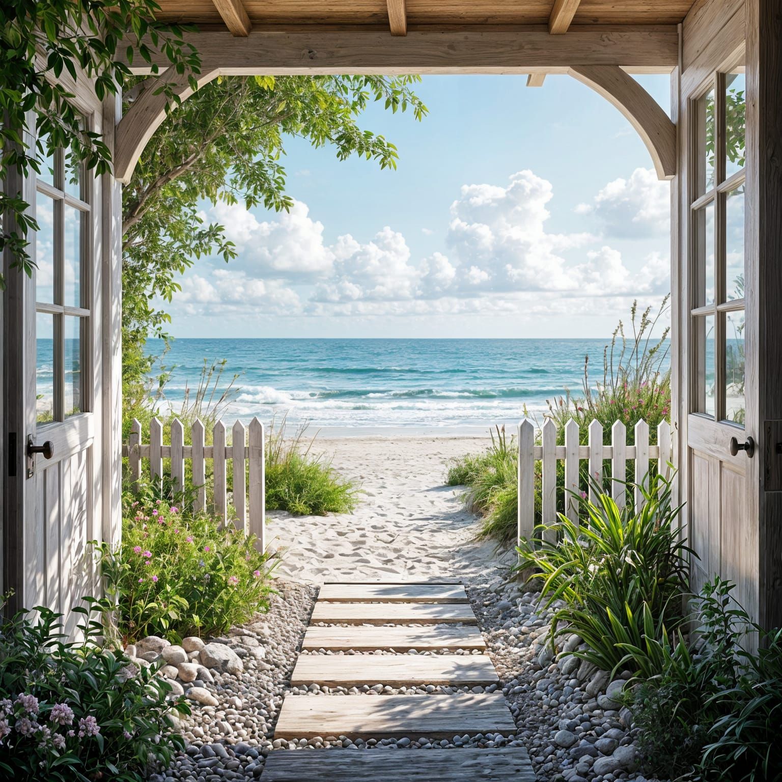 Coastal Garden View to the Sea with White Picket Fence