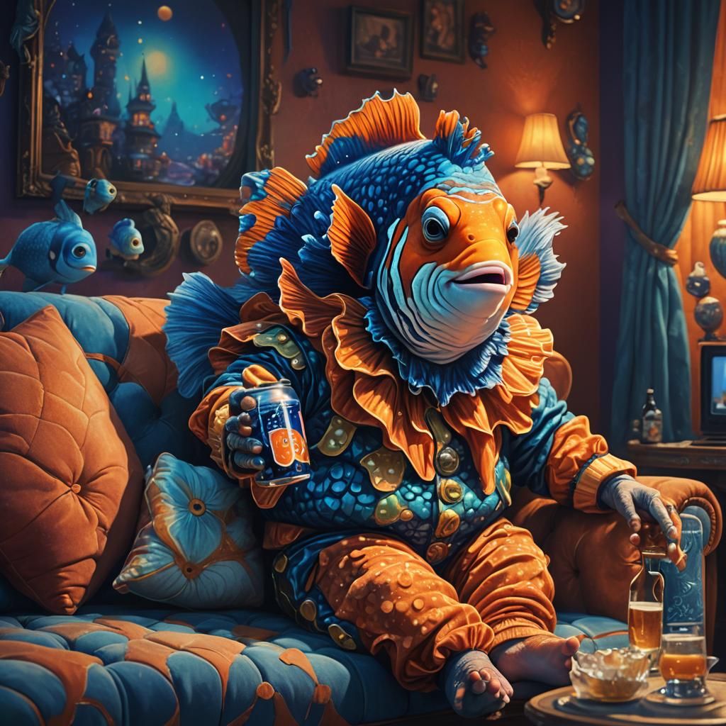 Clownfish Relaxing on a Plush Sofa: Fantasy Concept Art