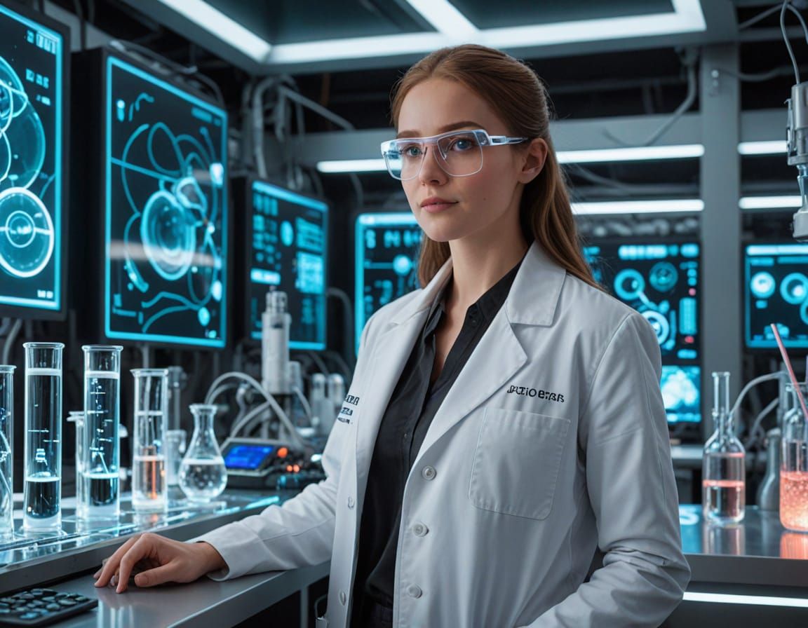 Sleek Futuristic Scientist in a Cyberpunk Laboratory